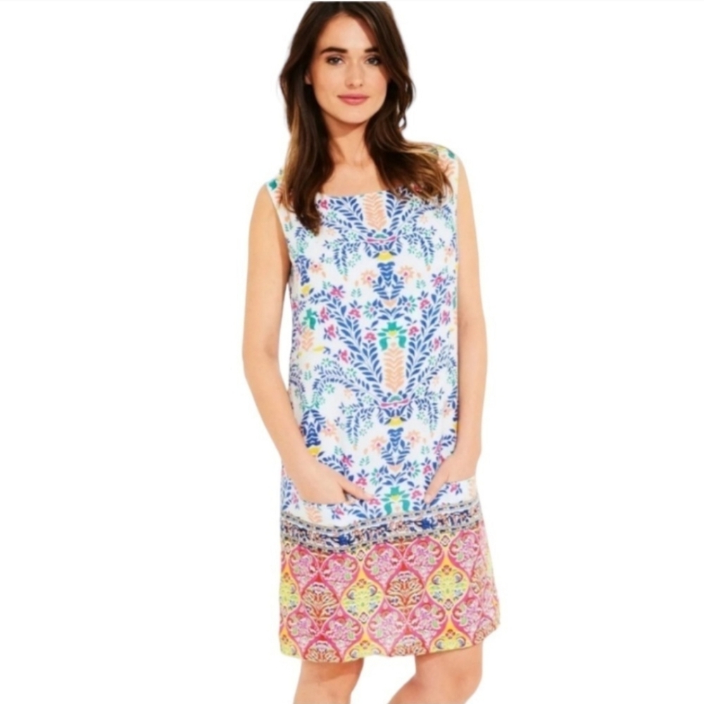 Roberta Roller Rabbit 100% Linen Floral Sleeveless Shift Dress Size L Resortwear